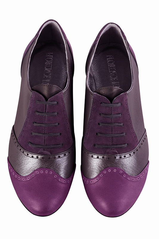 Mauve purple women's fashion lace-up shoes. Round toe. Flat leather soles. Top view - Florence KOOIJMAN